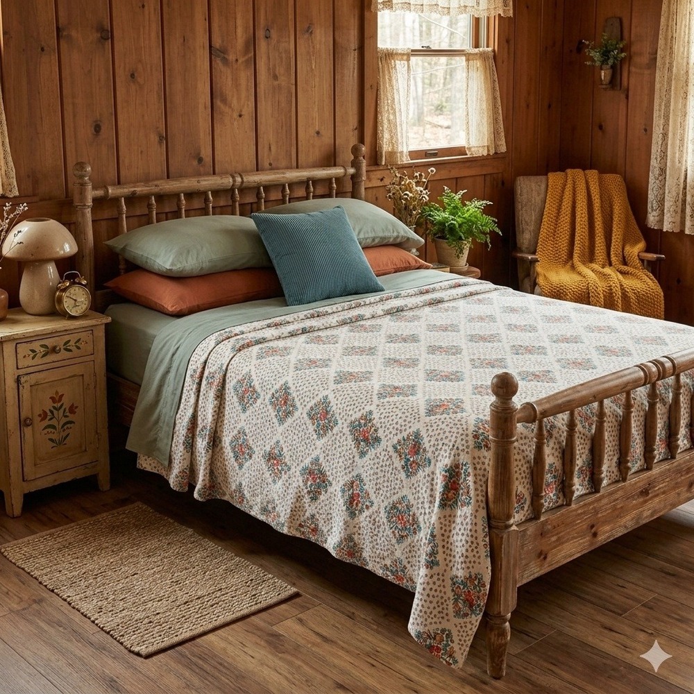 70s Floral Cottagecore Retro MCM Americana Comforter Cream Full/Double 83"x75"